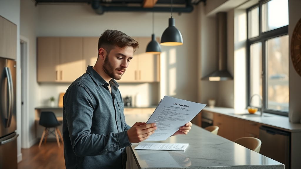 Modern Williston apartment interior with young professional reviewing rental agreement, rental property fees Williston North Dakota
