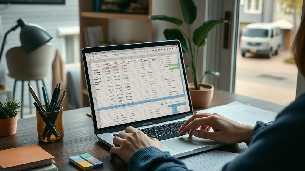 vacation rental owner budgeting management fees with spreadsheet in home office