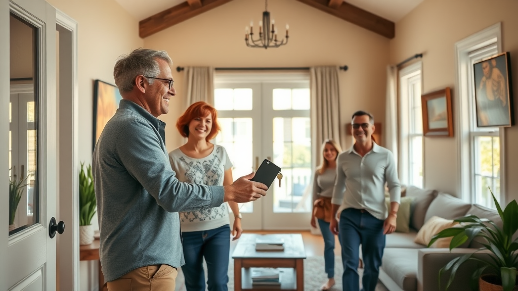 vacation rental property manager handing over keys to smiling guests warm tastefully decorated living room