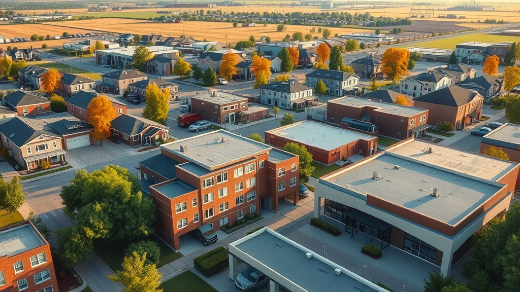 Aerial view of Williston, North Dakota showing rental properties and property managers interacting with tenants, property management fees in Williston, North Dakota