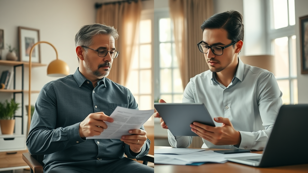 split-screen: property owner managing notes and property manager preparing professional reports, self-managed vs professional property management