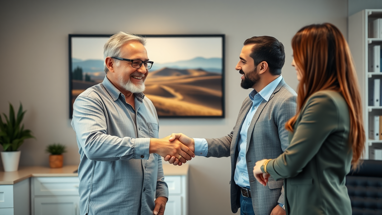 Happy property owner partnering with a property management company for rental property management near me in North Dakota office