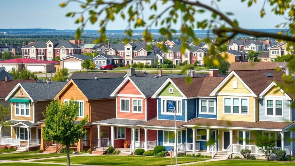 Williston ND rental property management costs - Row of diverse single-family and multifamily rental properties on a bright day, cityscape in background, subtle breeze in trees.