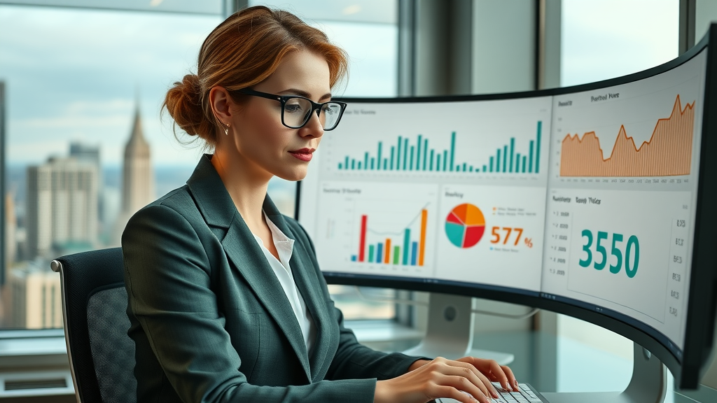 analytical businesswoman reviewing rental income charts and property management cost graphs