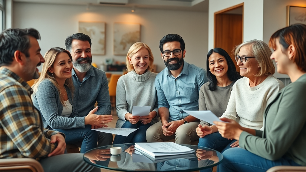 Diverse group of North Dakota property owners sharing maintenance fee stories in a lounge, Williston rental property maintenance fees.