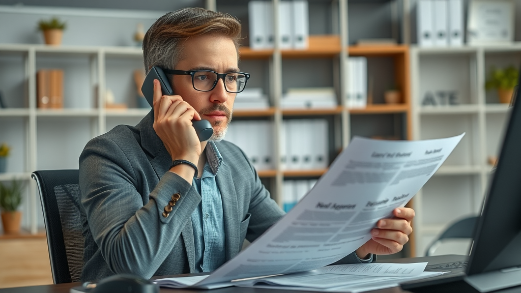 Property manager at a desk with lease documents reviewing rental agreements and communicating with tenants for property management, related to how much do property management companies charge to manage a rental