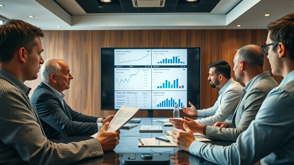 property owners comparing property management fees and company reviews in modern boardroom, management cost analysis