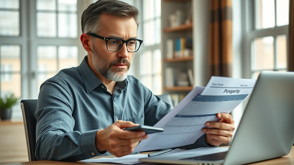 Property owner reviewing rental income spreadsheets for property management for house rentals in a modern home office