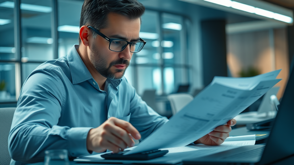 financial analyst reviewing rental property management fee structure in modern workspace spreadsheet
