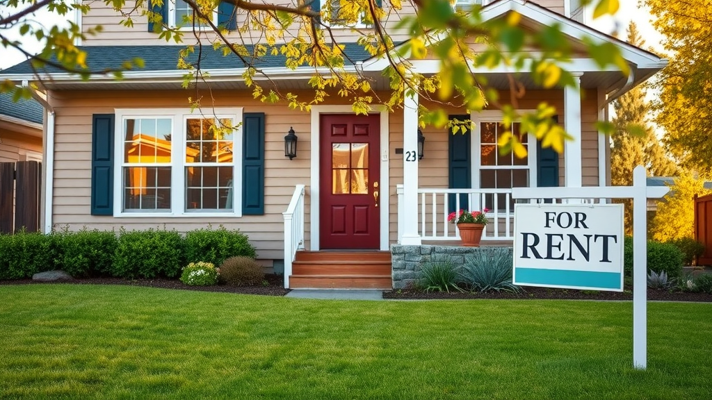 welcoming vacation rental home exterior with for rent sign managed by property manager
