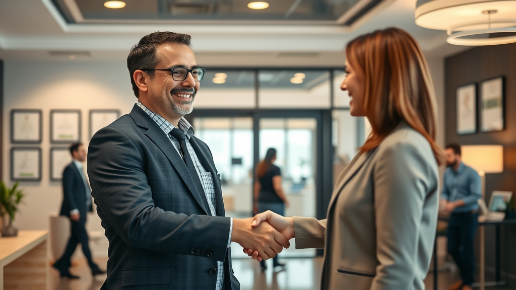 Williston ND rental property management costs - Professional property manager warmly greeting client in a modern award-filled office in Williston ND.