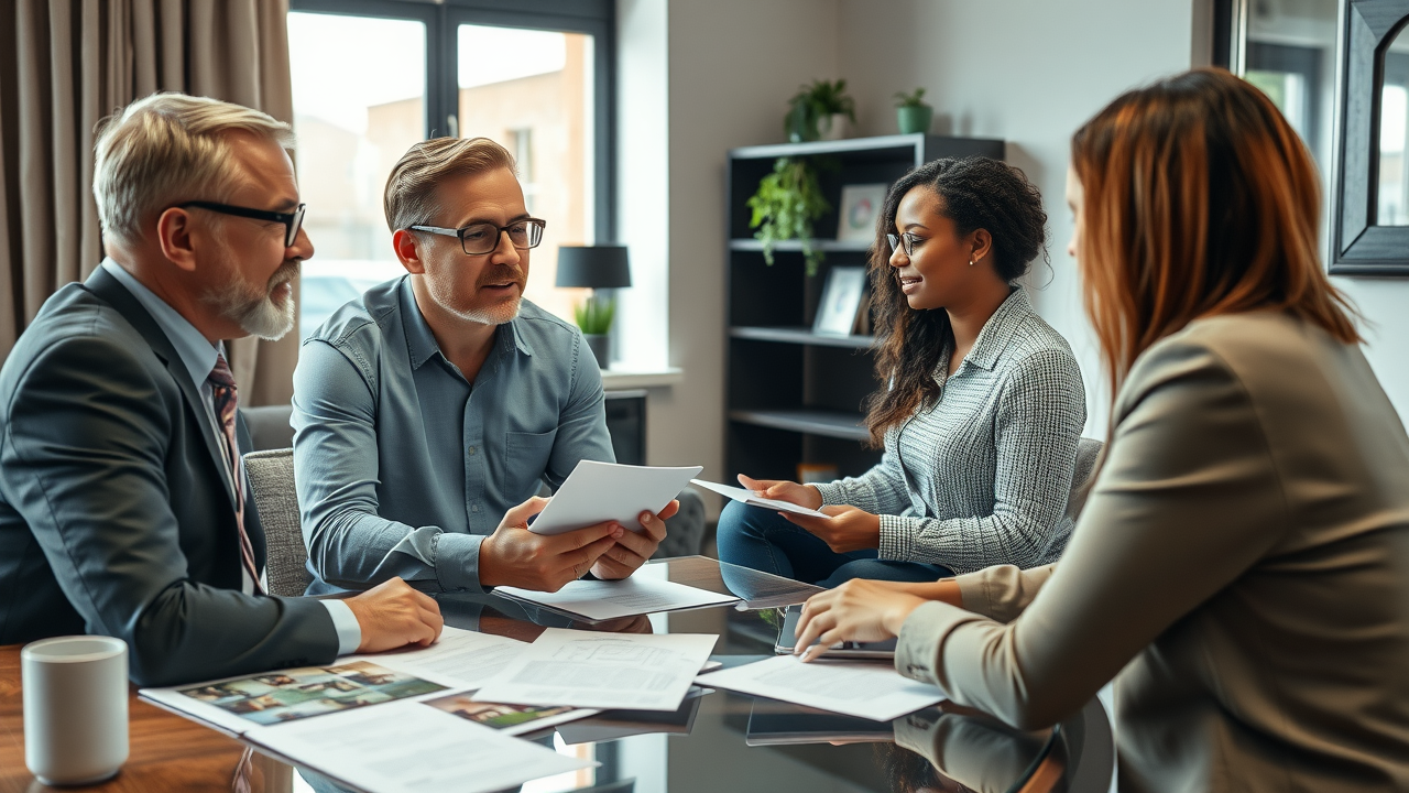 property manager discussing real rental management fee case studies with owners in modern office