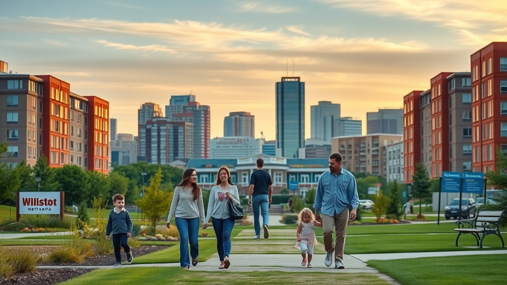 Vibrant Williston North Dakota skyline with families by modern apartment homes, city park landscaping, sunset lighting, rental property fees Williston North Dakota