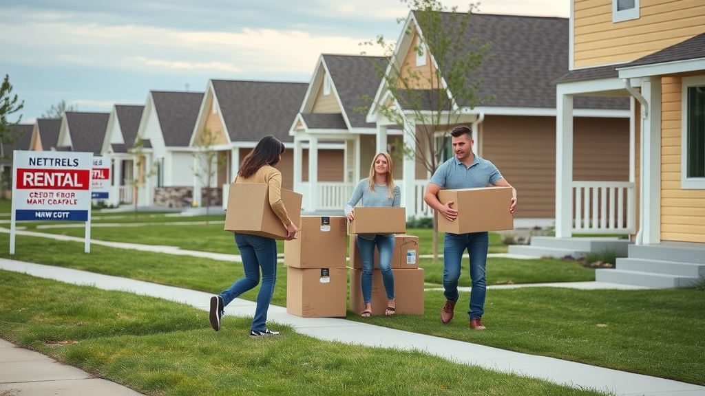 Williston ND rental property management costs - Modern Williston ND neighborhood with rental properties and tenants moving in. Well-kept lawns, rental signs, and subtle activity on a sunny day.