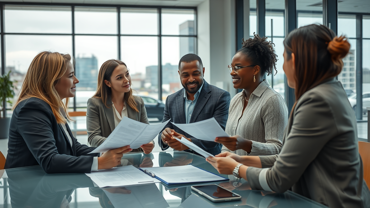 Modern property management office in North Dakota - management team discussing rental contracts with property owners
