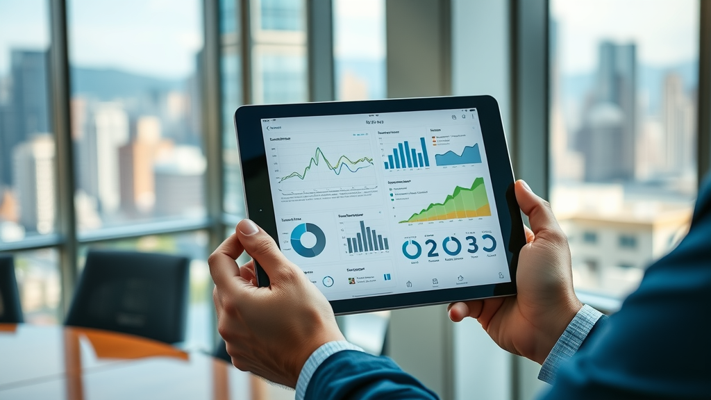Williston ND rental property management costs - Property manager using a tablet in an office conference room, dynamic ROI charts displayed, daylight and city view in background.