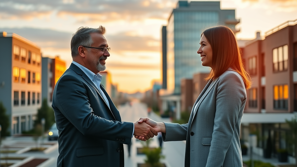 Modern Williston cityscape sunrise with real estate professionals discussing property management expertise - Williston property management companies