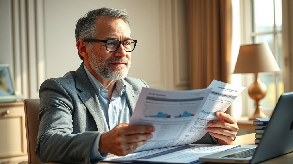 real estate investor reviewing rental property management fee report in home office