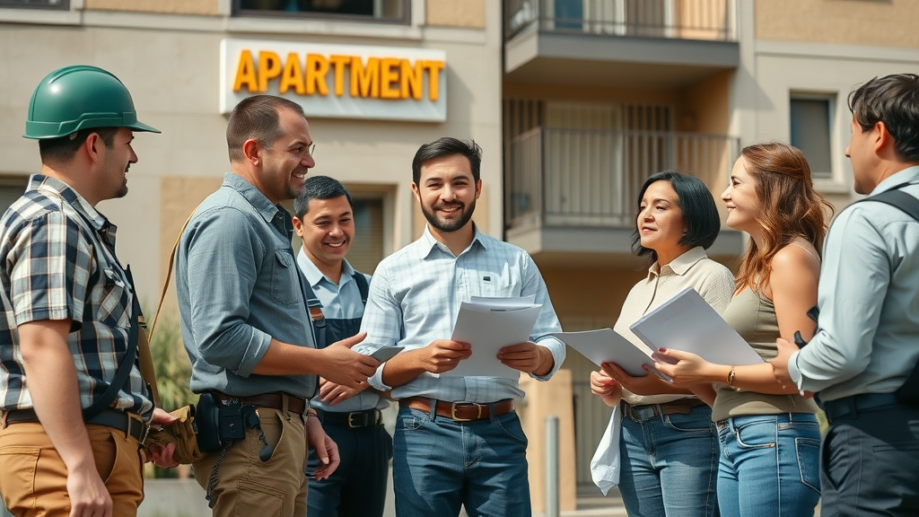 Property manager and maintenance workers coordinating at a Williston apartment building, discussing property management service levels and fees