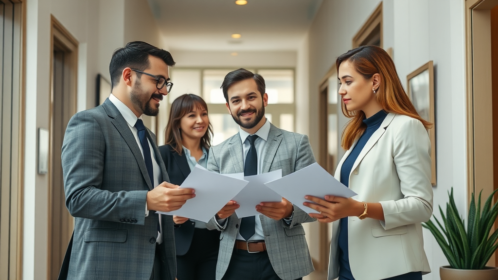 dynamic team of property managers consulting with tenants and inspecting rental apartments