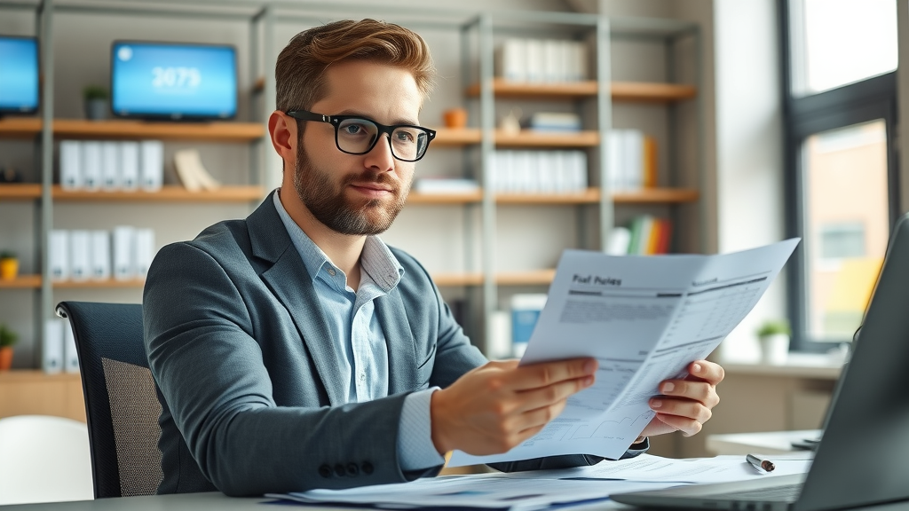 property management fees Williston ND - Modern property manager reviewing financial documents in a professional office, analyzing fee breakdowns