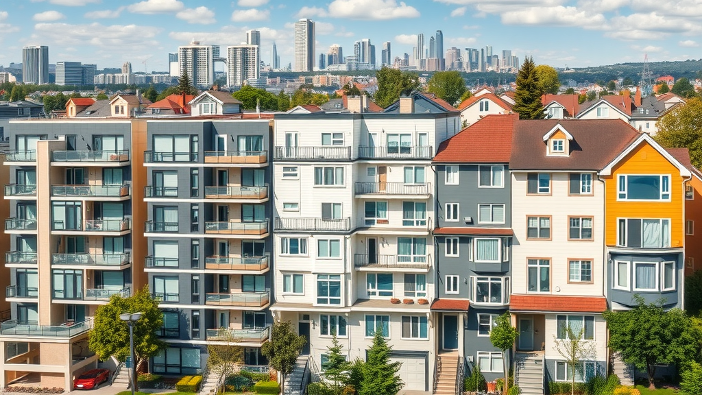 Visual comparison of different property types affecting property management fees—apartments, townhomes, suburban houses for how much do property management companies charge to manage a rental