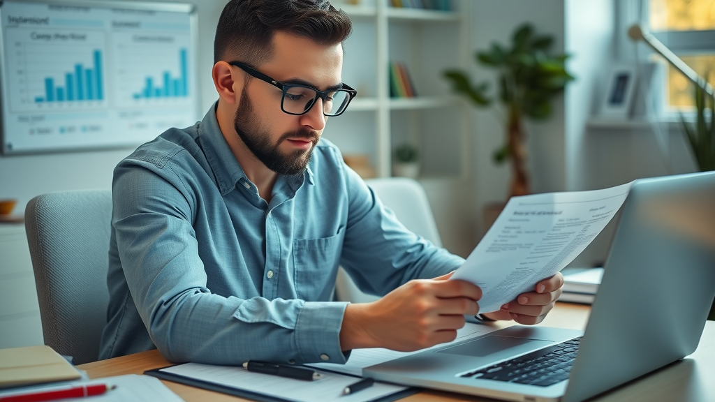 focused property manager reviewing rental agreements at organized desk, property management fees analysis