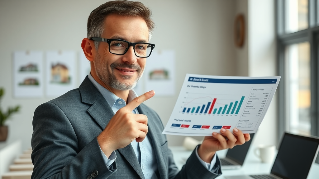 real estate professional explaining typical management fee for rental property chart in modern office