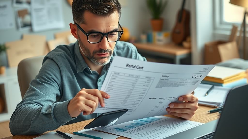 Tenant reviewing rental cost breakdown with calculator and bills, rental property fees Williston North Dakota
