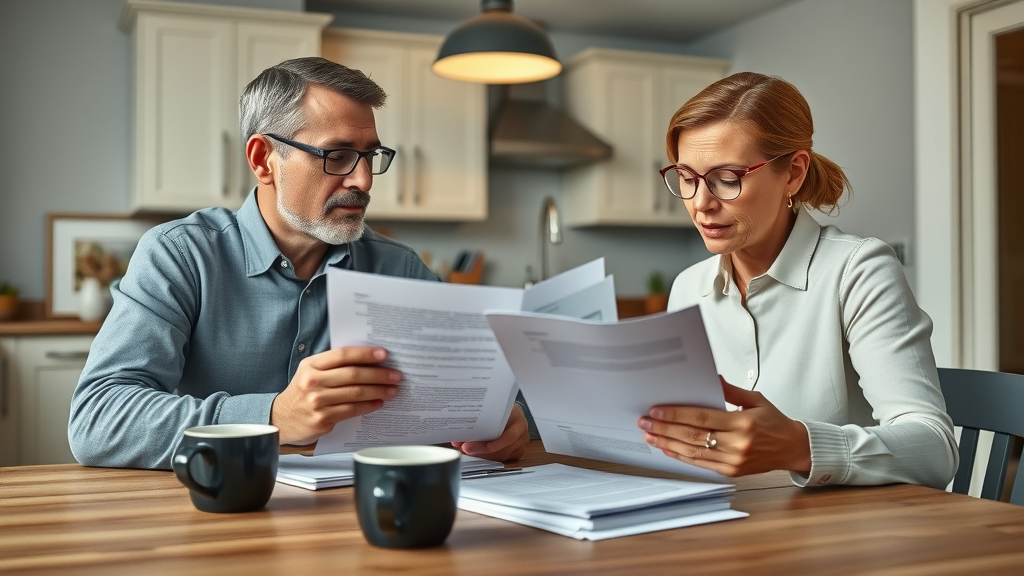 Property owners comparing Williston property management company proposals at a kitchen table