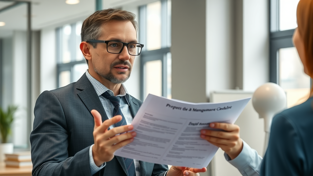 Professional property manager discussing documents with landlord in modern Williston property management office, property management, rental property maintenance fees.