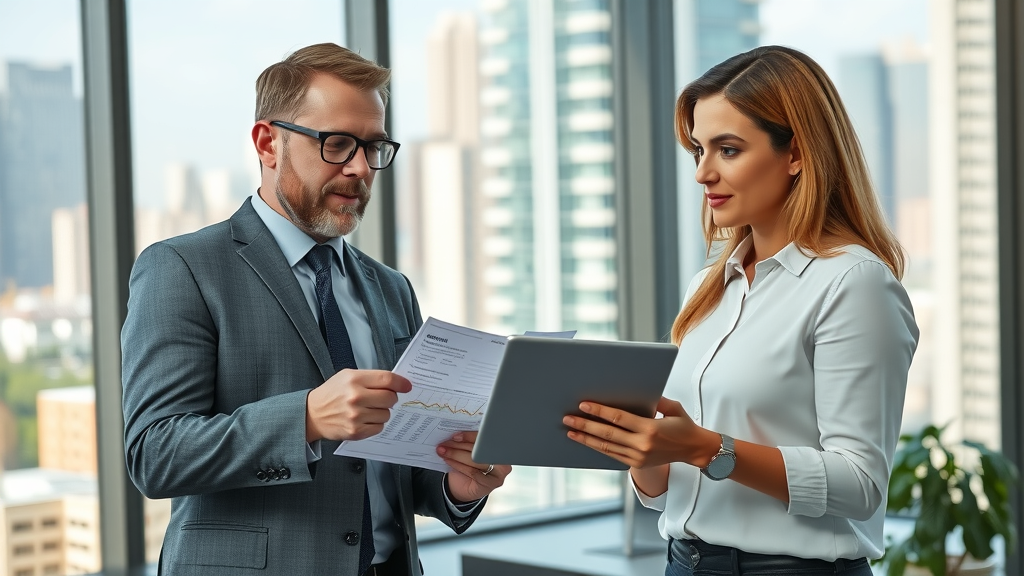 Professional property management company for rental property management near me - manager consulting with property owners on rental data in modern office