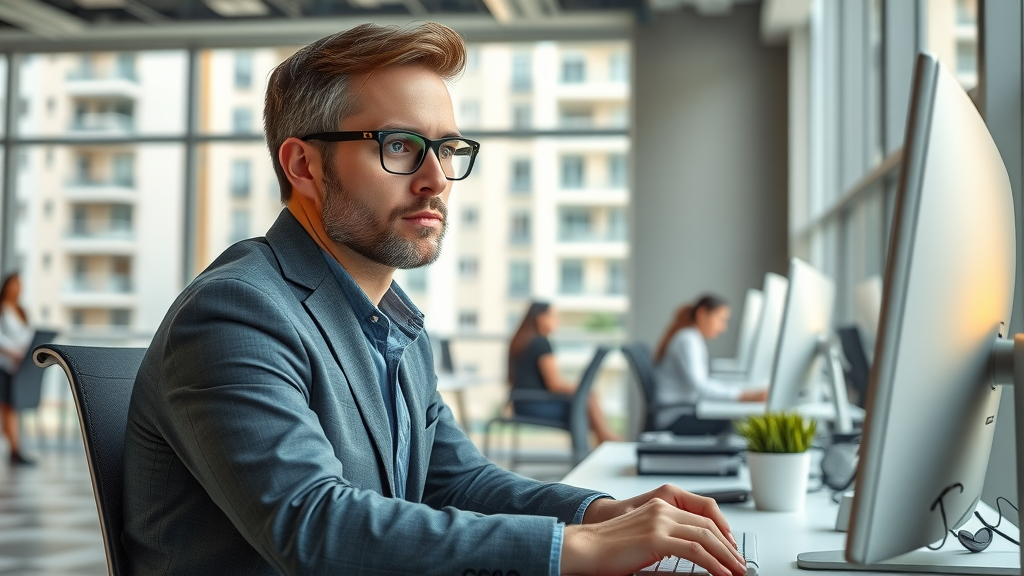 modern property manager at desk using a computer and digital tools for rental property management