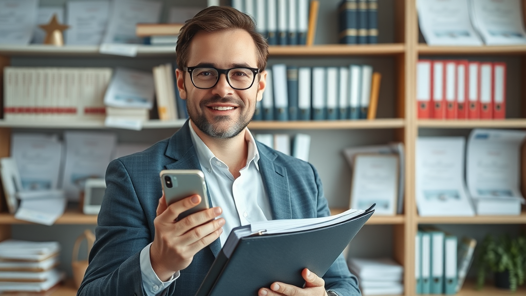 Experienced property manager in North Dakota holding housing regulation binder - property management laws expertise