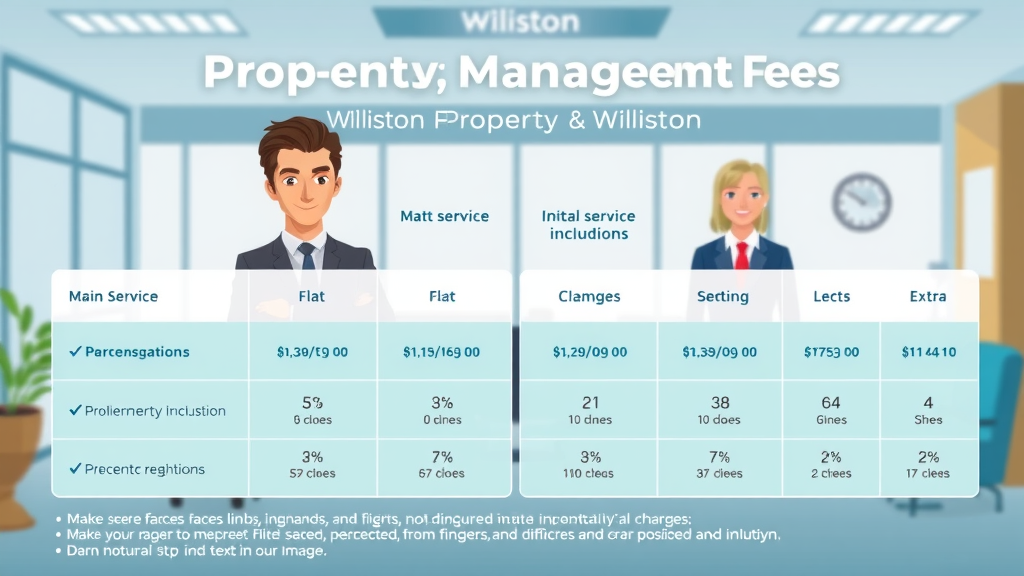 Infographic breakdown of property management fees in Williston North Dakota, including service inclusions and extra charges