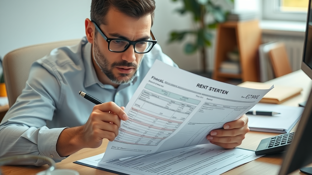 Williston ND rental property management costs - Property manager reviewing detailed rent statements in a bright office with neutral colors.