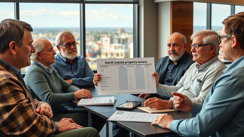 property management fees Williston ND - Diverse group of property owners in Williston ND reviewing fee comparison charts with a professional manager