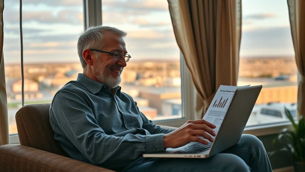 Rental property owner reviewing reports remotely, Williston city view - property management company for out-of-state owners