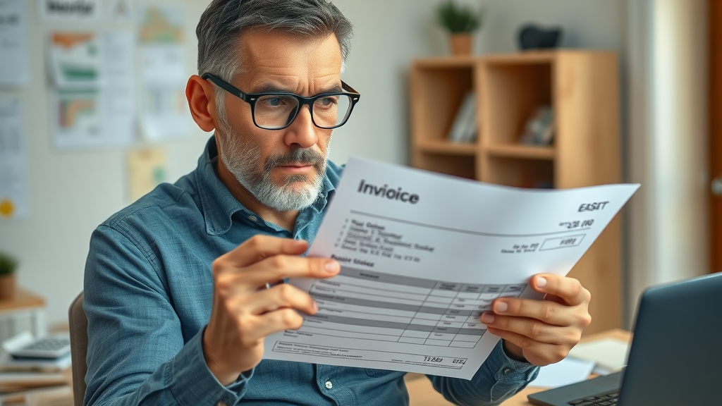 Concerned property owner examining a maintenance invoice at a home office with scattered bills and calculator, Williston rental property maintenance fees.