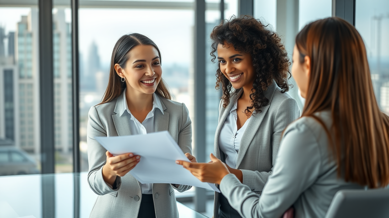 professional real estate agent explaining property documents to a client in modern office, property management fee discussion