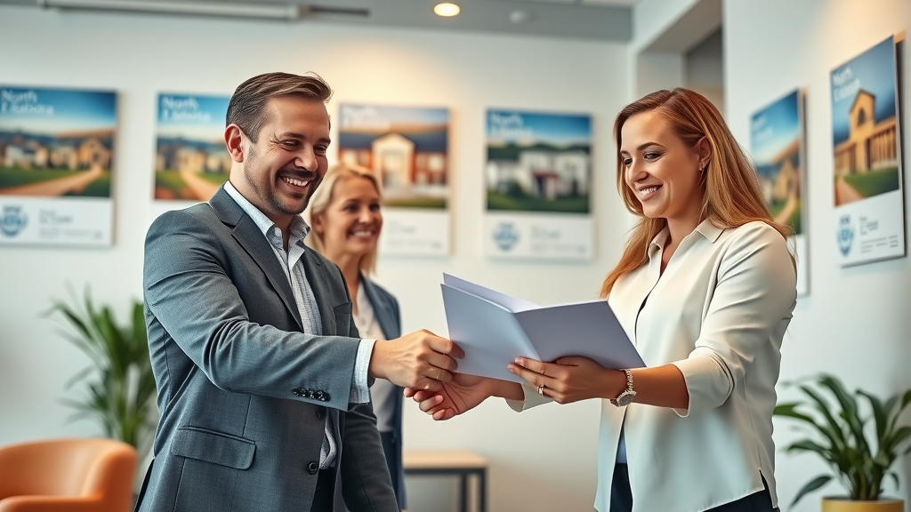 property management fees Williston ND - Real estate agents shaking hands with property owners in a modern North Dakota office