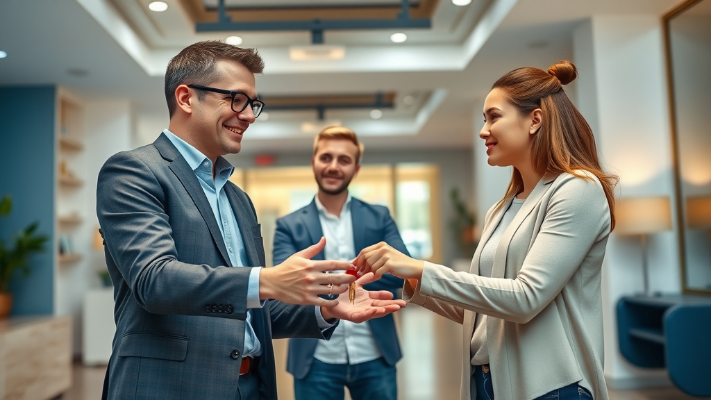 real estate agent handing keys to new tenants while landlord observes in upscale apartment lobby